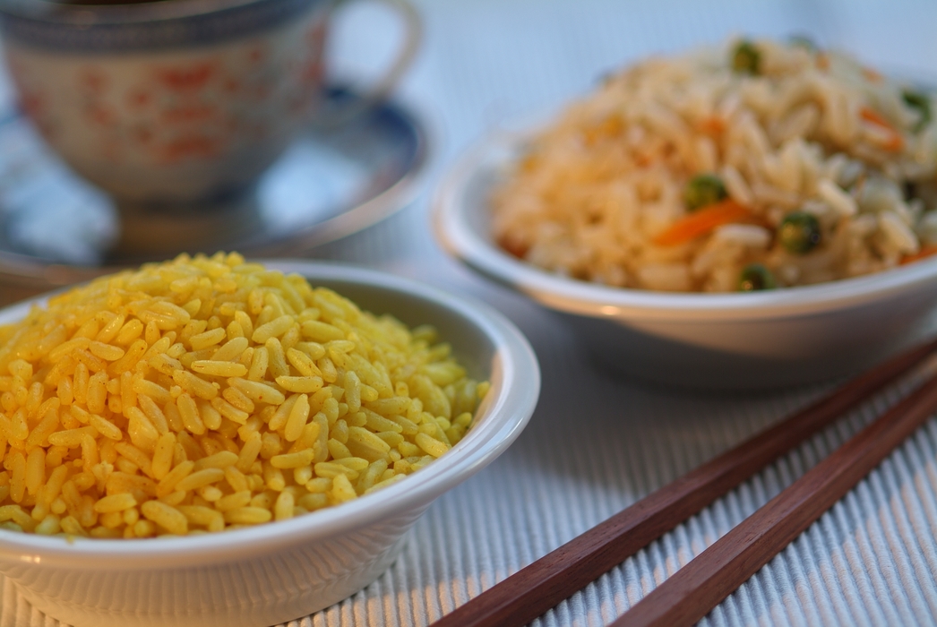 Rice Dishes with Chopsticks and Tea