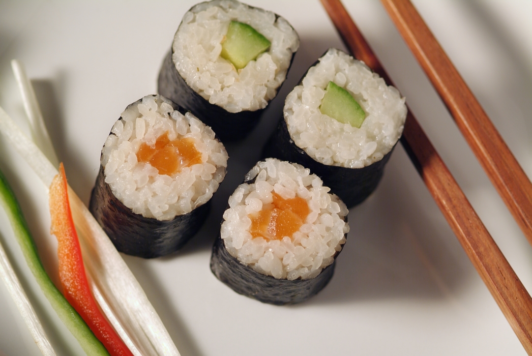 Salmon Sake and Cucumber Sushi with Chopsticks