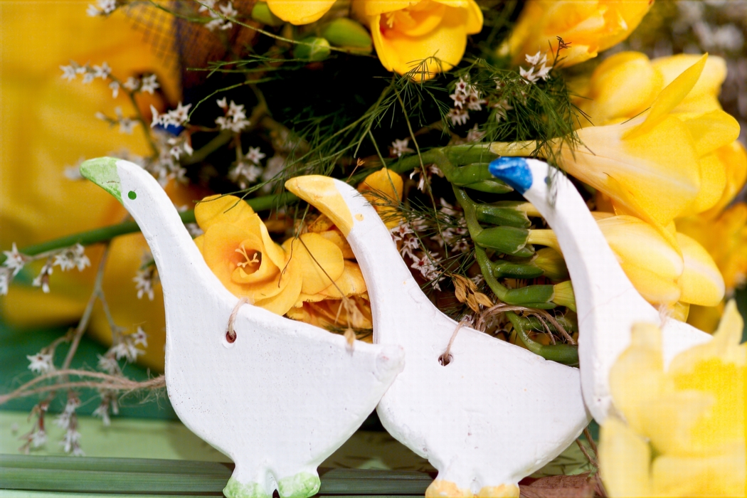Yellow Easter Flowers with White Chickens