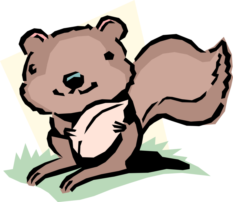Vector Illustration of Cartoon Bushy-Tailed Rodent Squirrel Gathers Nuts