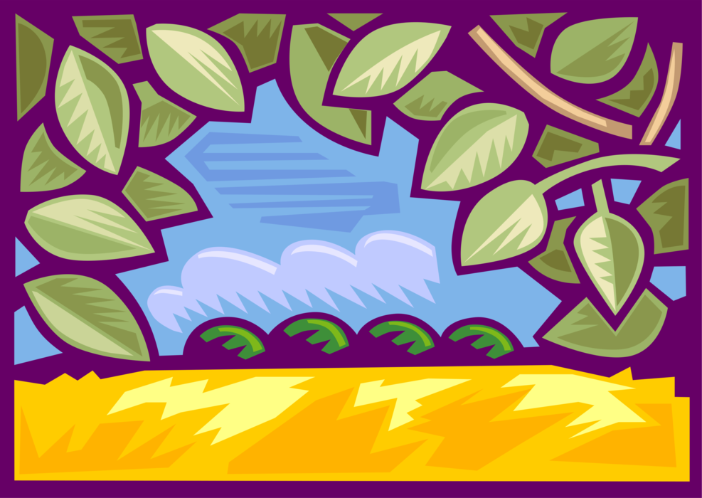 Vector Illustration of Summer Scene with Trees and Leaves