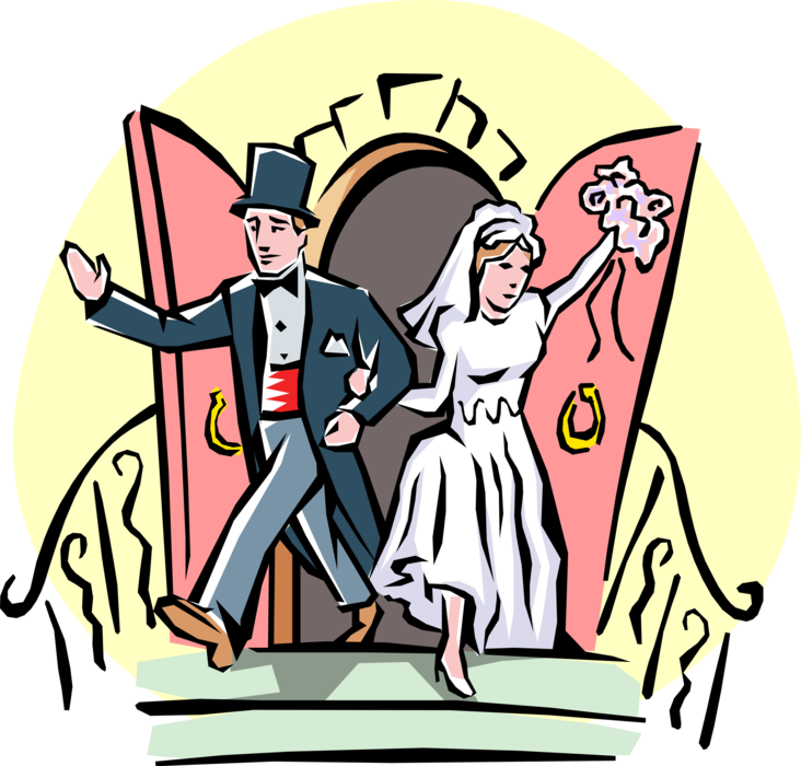 Vector Illustration of Newlywed Couple Leaving the Chapel after Wedding and Wave to Well-wishers