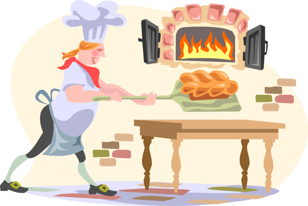 Vector Illustration of French Baker Baking Fresh Bread in Wood Fire Oven