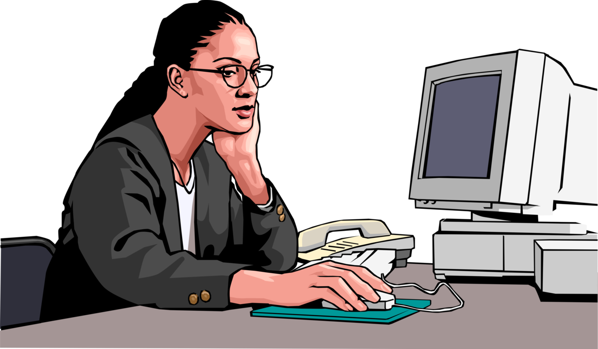 Vector Illustration of Businesswoman with Mouse Pointer Searches the Internet