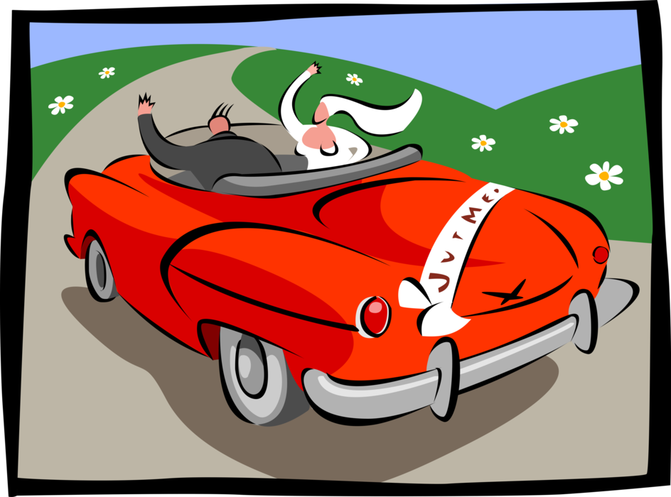 Vector Illustration of Just Married Bride and Groom Driving Off in Car for Honeymoon