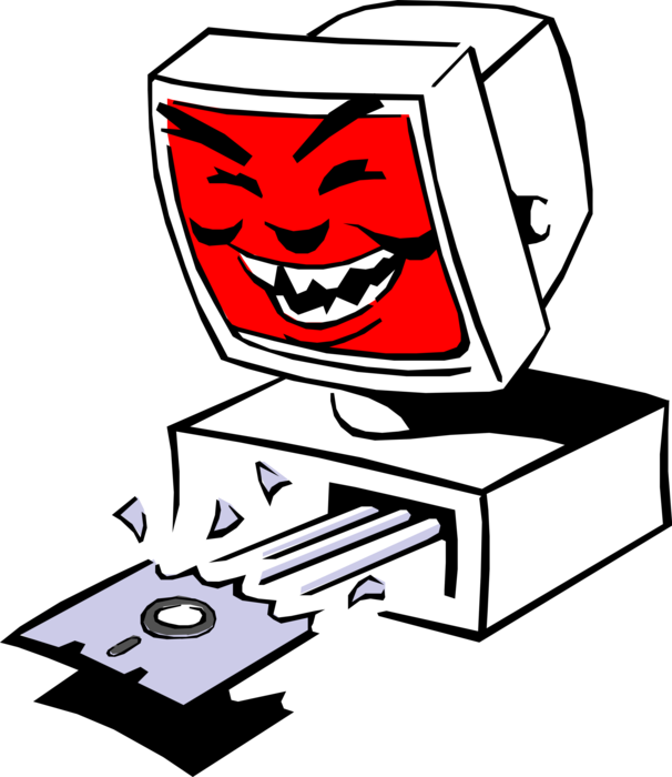 Vector Illustration of Anthropomorphic Deviant Personal Desktop Computer Destroys Media Disk