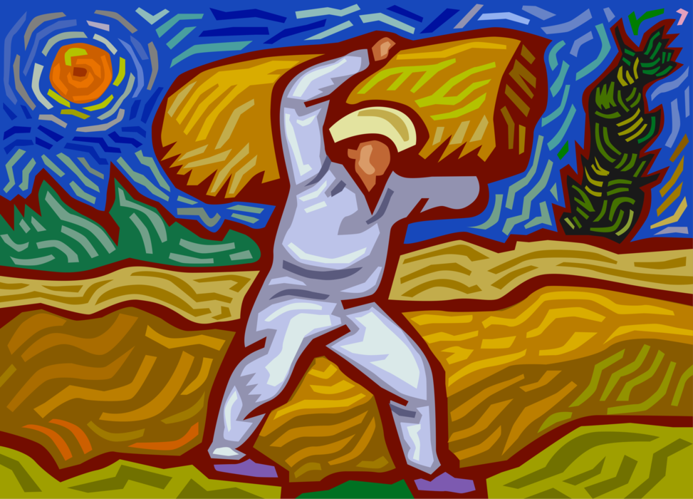 Vector Illustration of Farmer Carrying Harvested Bale of Alfalfa Hay from Farm Field