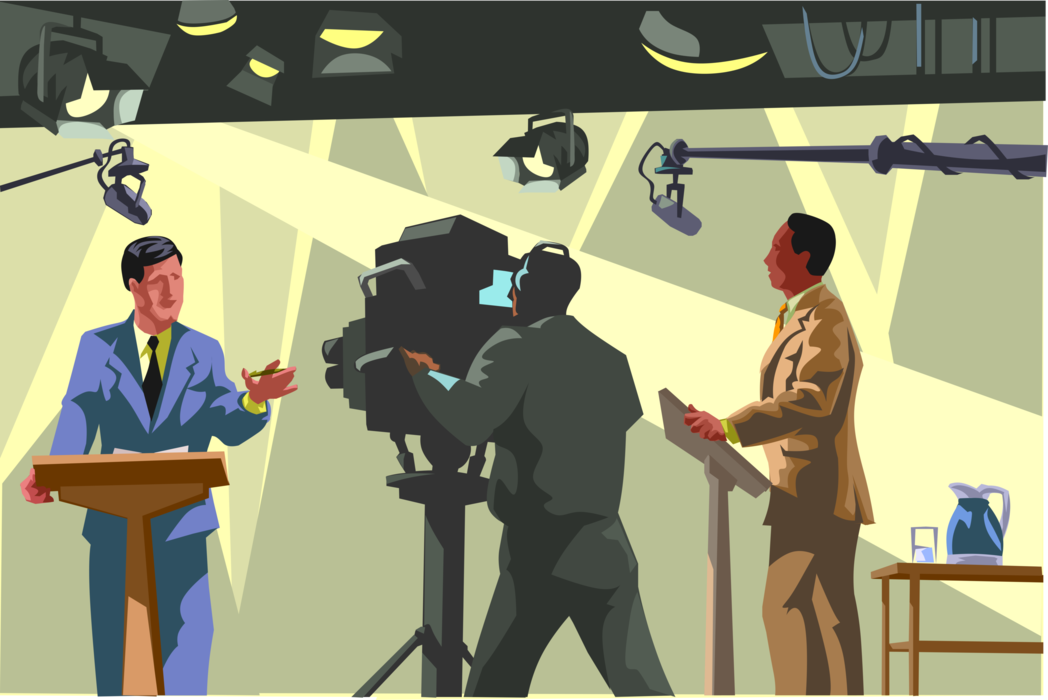 Vector Illustration of Television Cameraman Filming Political Debate Between Candidates
