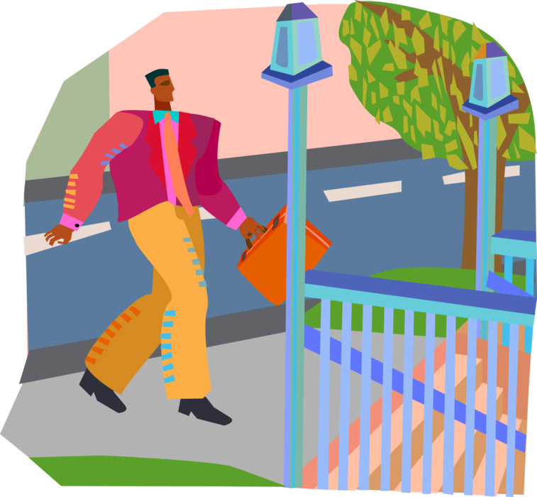 Vector Illustration of Businessman Walking Home From Work Enters Subway Station