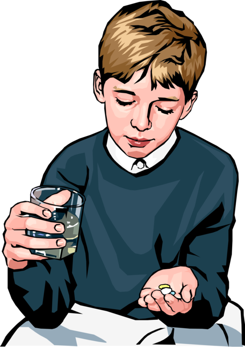 Vector Illustration of Boy Taking Pharmaceutical Oral Dosage Pills with Glass of Water