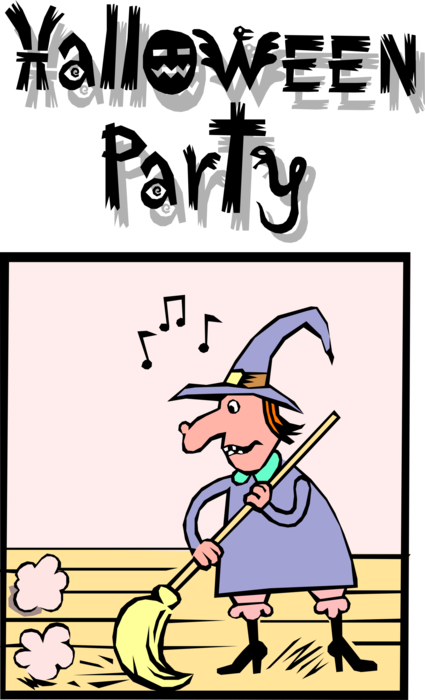 Vector Illustration of Halloween Party Witch Sweeps Up