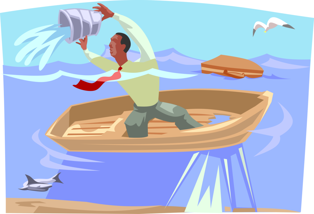 Vector Illustration of Businessman Bails Water From Boat in Predator Shark-Infested Waters
