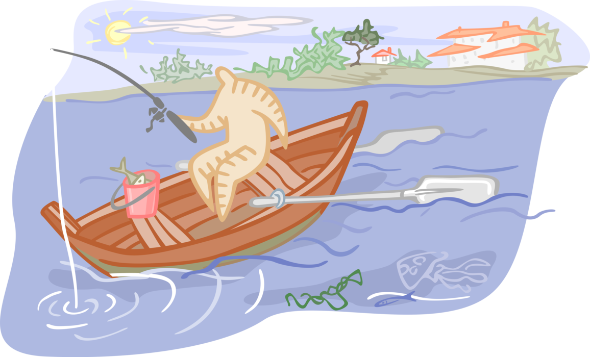Vector Illustration of Sport Fisherman Angler Fishing from Boat Catches Fish