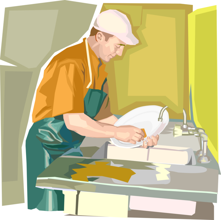 Vector Illustration of Restaurant Dish Washer Washes Dishes in Sink