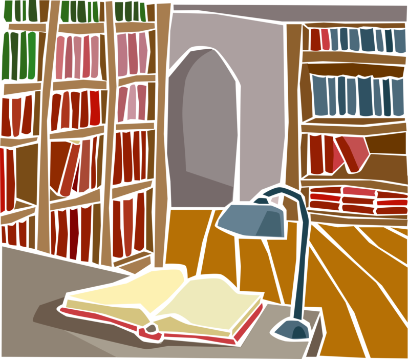 Vector Illustration of House Interior Study with Book and Table Lamp