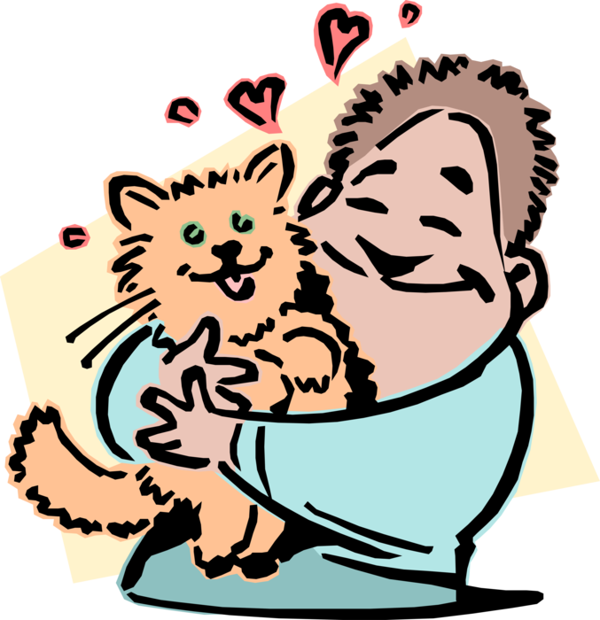 Vector Illustration of Man Loves His Pet Kitten Cat
