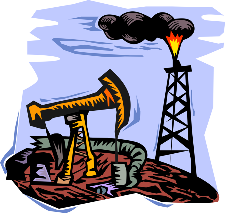 Vector Illustration of Oil Drilling Derrick and Oil Well Pumpjack Reciprocating Piston Pump