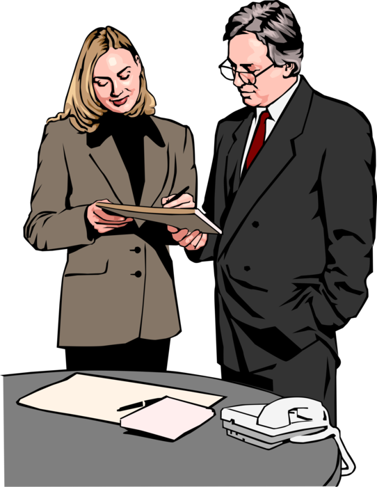 Vector Illustration of Businesswoman and Man Standing at Desk Reviewing Document