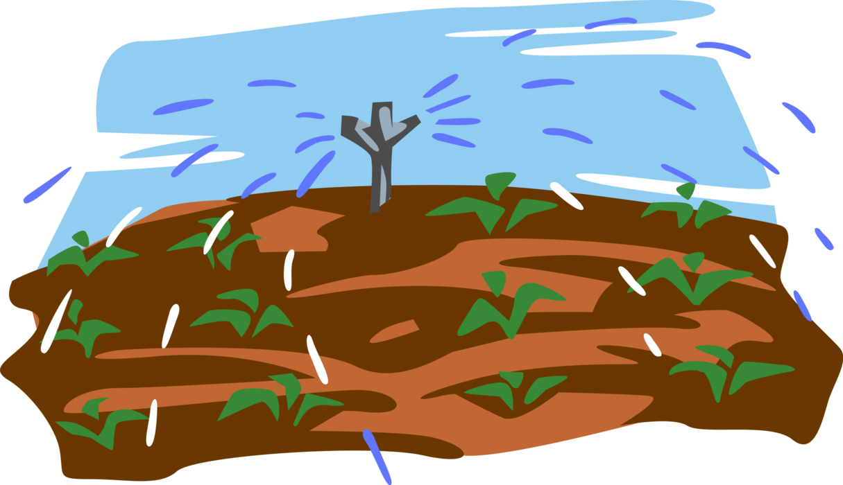 Vector Illustration of Farm Irrigation System Watering Crops