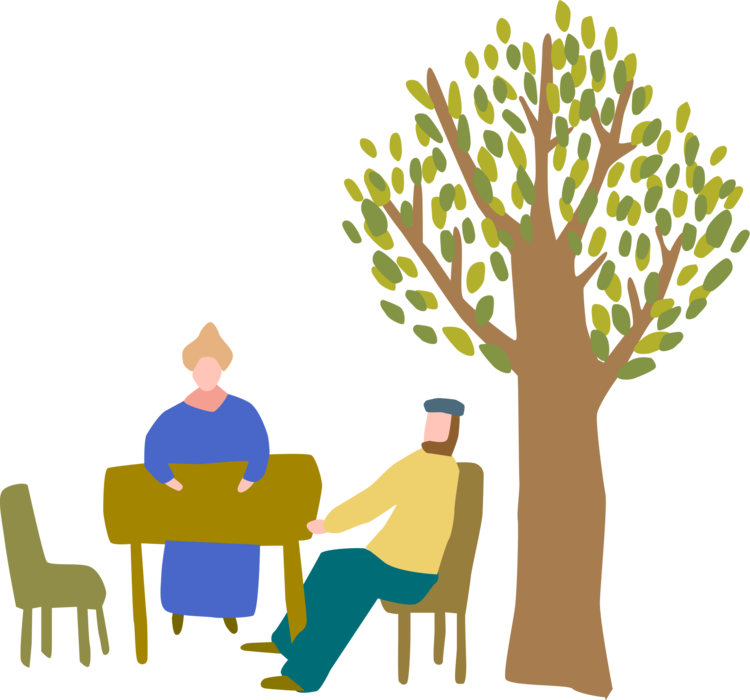 Vector Illustration of Sitting at Table Under Tree Outdoors in Autumn