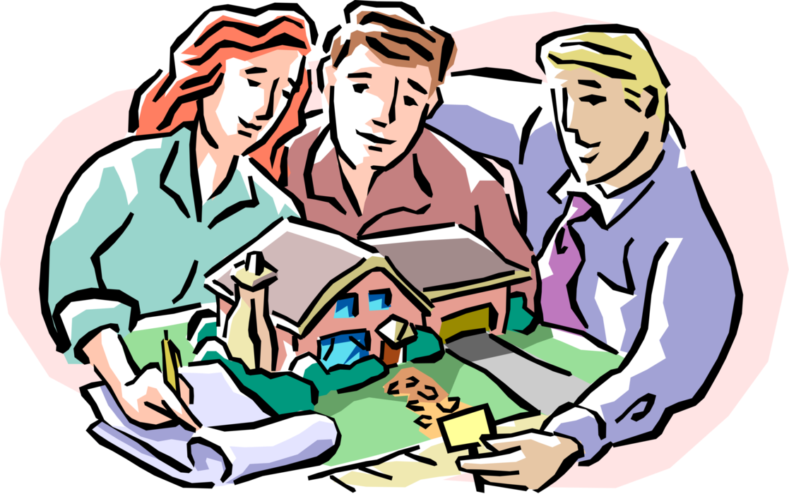 Vector Illustration of Residential Real Estate Broker Helps with New Home Sale and Purchase