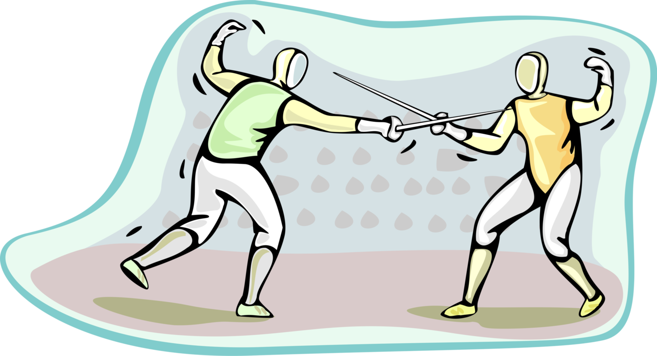 Vector Illustration of Competitive Fencing Competitors Show Skills of Swordsmanship with Foil Swords
