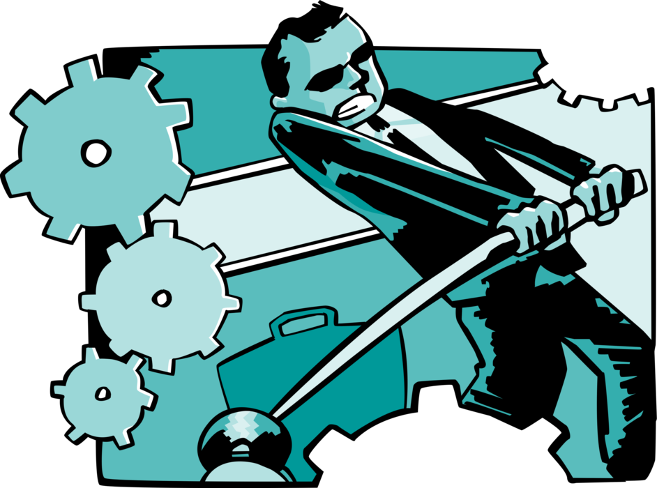 Vector Illustration of Businessman Turning Cogwheels of Machine