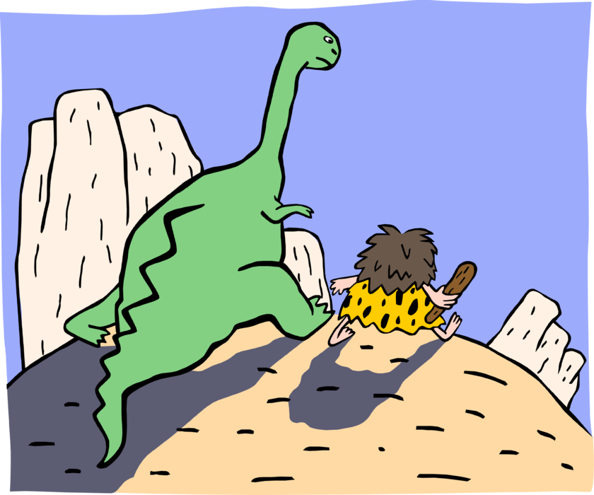 Vector Illustration of Prehistoric Dinosaur and Caveman Walking Together