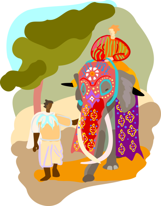 Vector Illustration of Tourist in Sri Lanka or India Rides Indian Elephant
