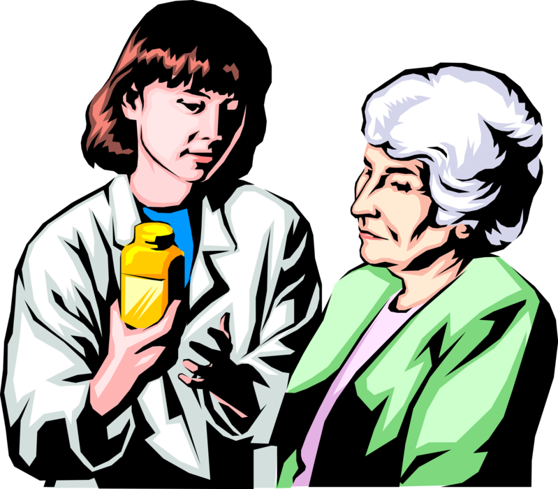 Vector Illustration of Physician and Patient Discuss Pharmaceutical Drug Dispensed by Medical Prescription