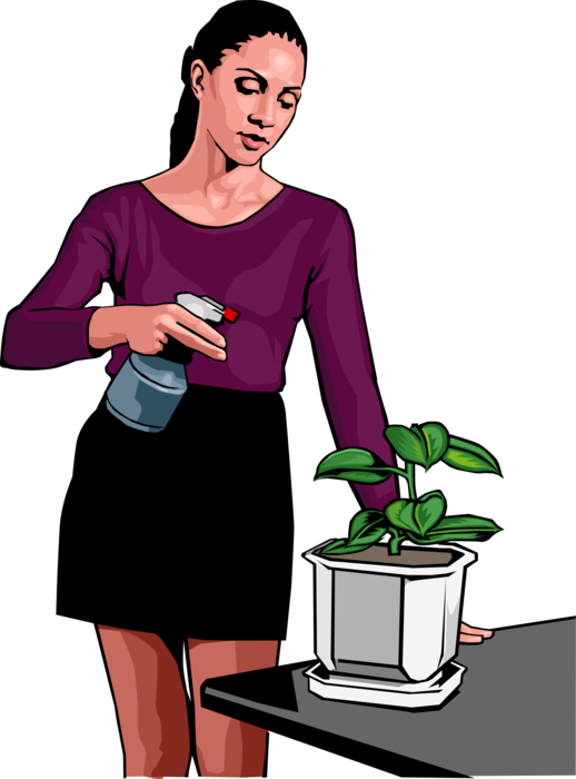 Vector Illustration of Spraying Houseplants with Water Mist to Nurture Growth