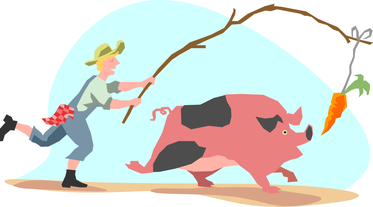 Vector Illustration of Country Boy with Pig Chasing Garden Vegetable Carrot on Stick