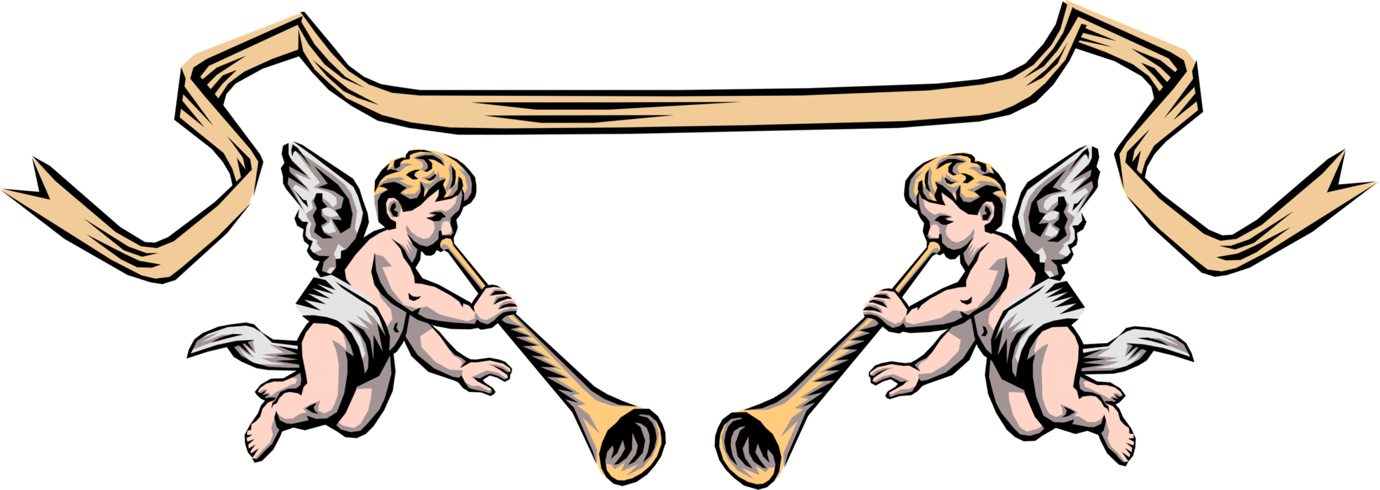 Vector Illustration of Angelic Spiritual Cherub Angels with Wings Blow Trumpet Horns