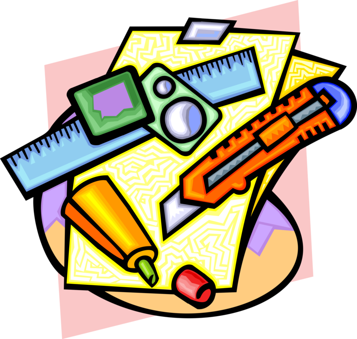 Vector Illustration of Office Documents with Measuring and Cutting Tools