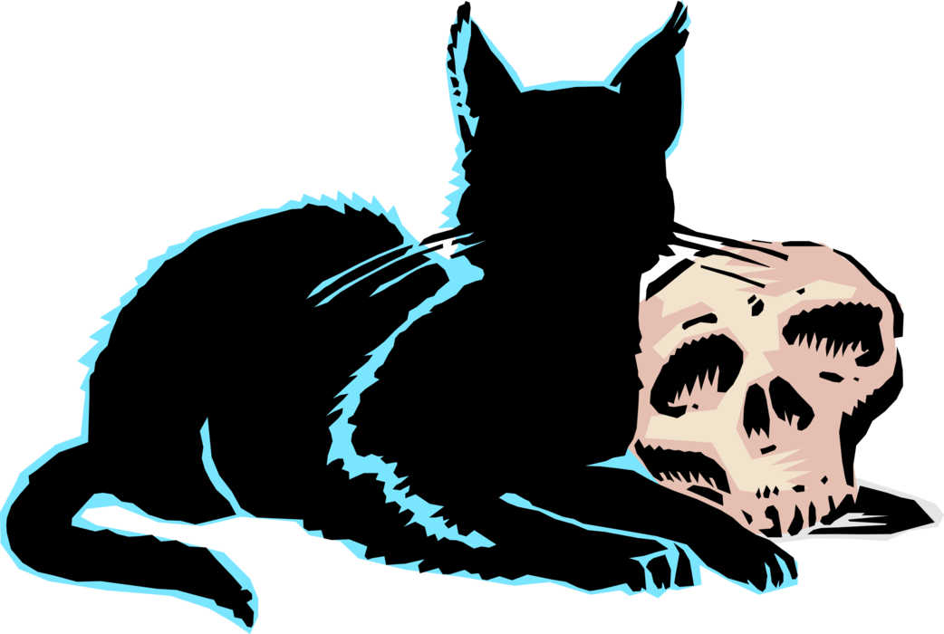 Vector Illustration of Black Cat with Human Skull Superstition Folk Lore Suggests Represents Prejudice and Bad Luck