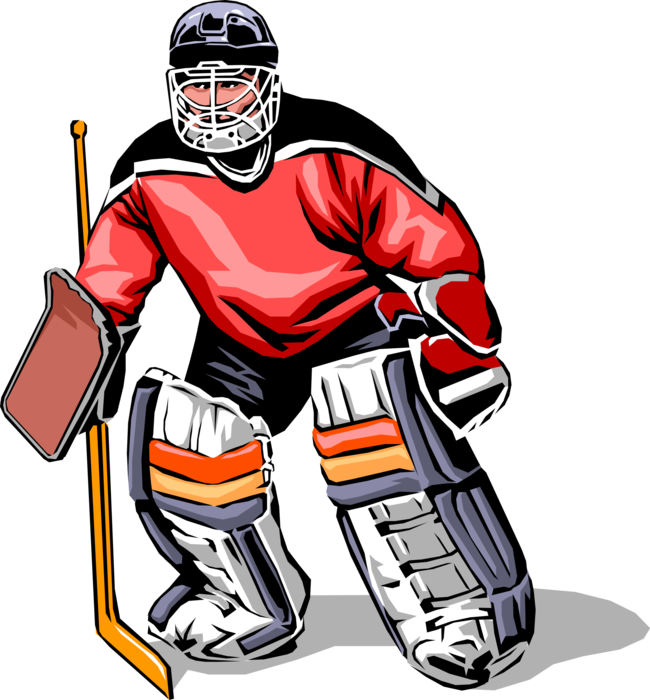 Vector Illustration of Sport of Ice Hockey Goalie in Pads with Stick