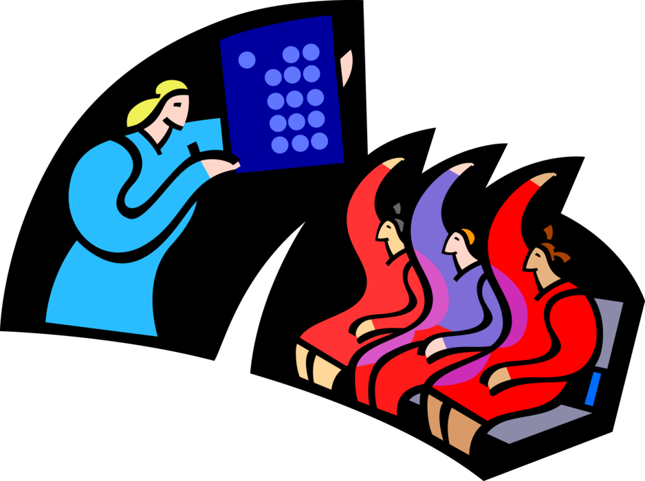 Vector Illustration of Teacher Teaching Students in School Classroom and Asks Questions