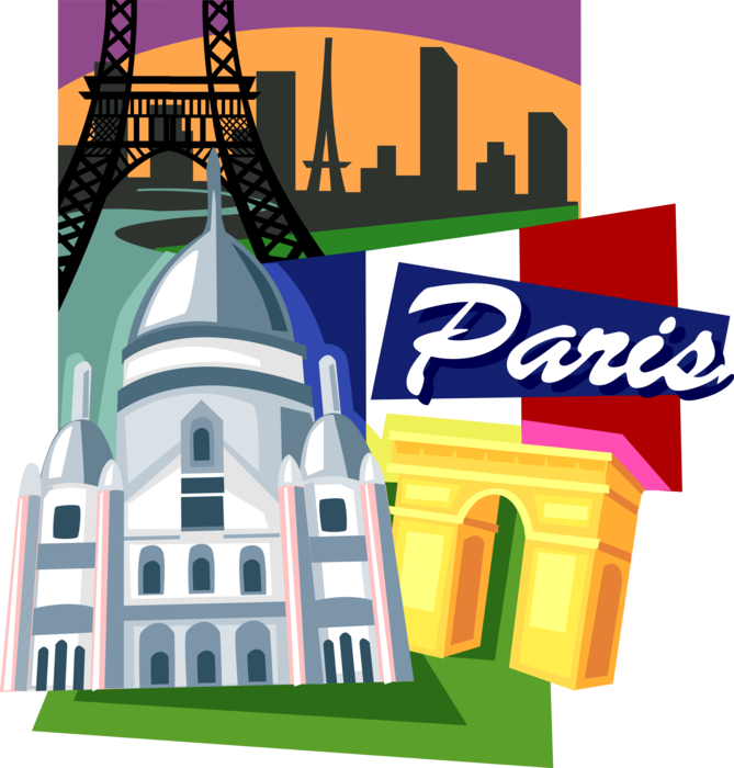 Vector Illustration of Paris Landmarks with Montmatre Sacré-Cœur Basilica, Arc de Triomphe and Eiffel Tower