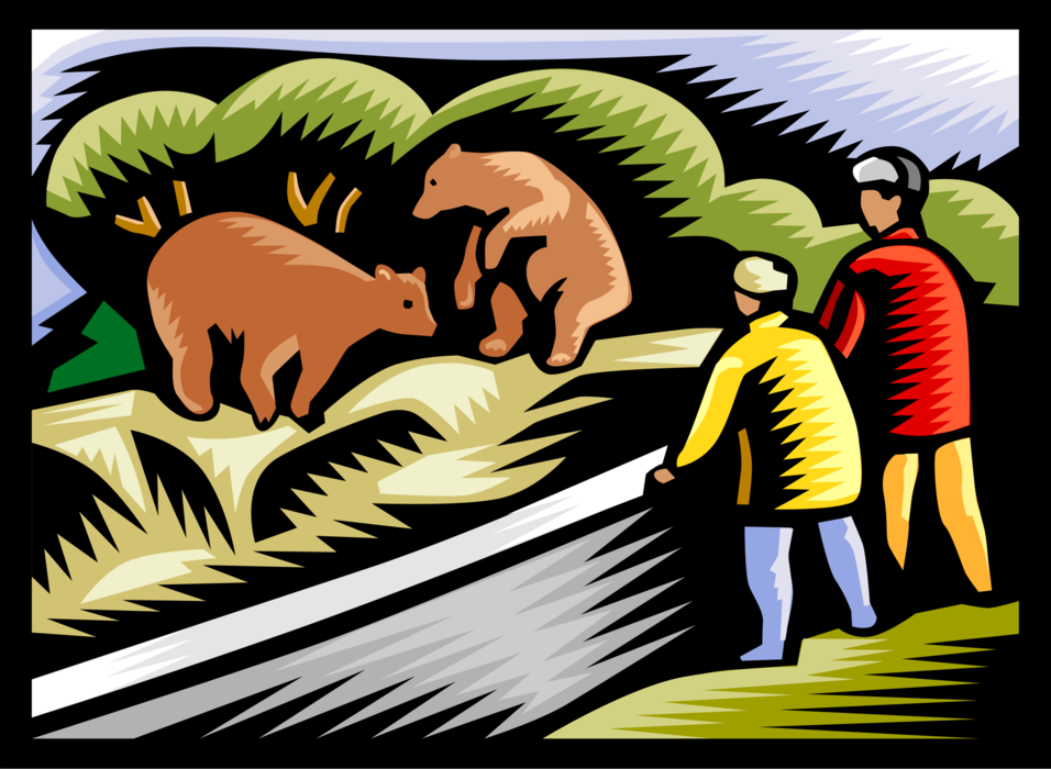 Vector Illustration of Watching Grizzly Bears at the Zoo