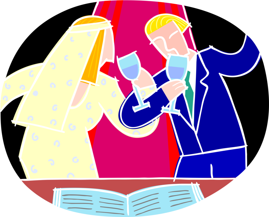 Vector Illustration of Married Bride and Groom Wedding Couple Making Toast