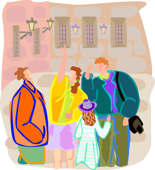 Vector Illustration of Family on Vacation Take Walking Tour to See the City Sights