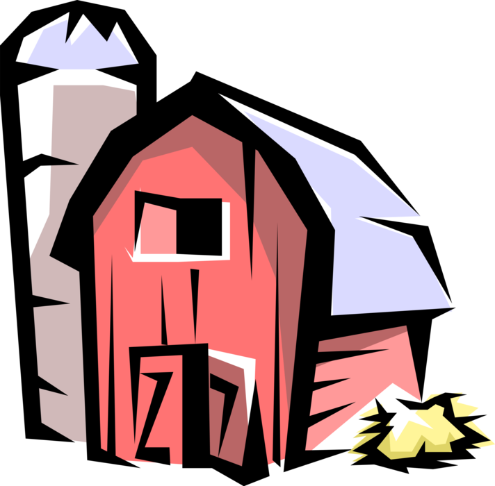 Vector Illustration of Farming and Agriculture Barn and Farm Grain Storage Silo