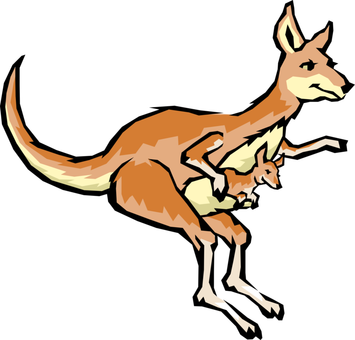 Vector Illustration of Cartoon Australian Kangaroo Marsupial with Joey in Pouch