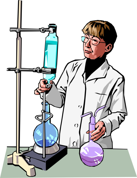 Vector Illustration of Research Chemist in Chemical Laboratory with Glassware Flasks