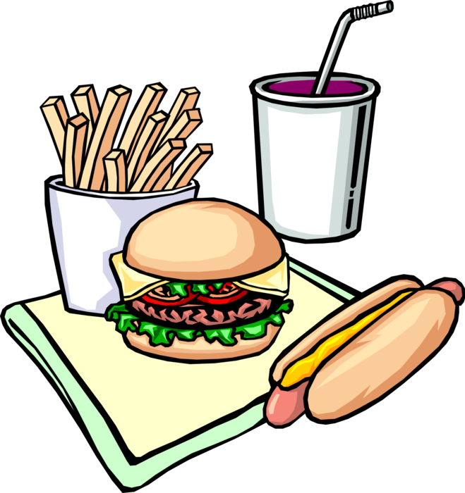 Vector Illustration of Fast Food Hamburger, Hotdog, French Fries and Cold Drink