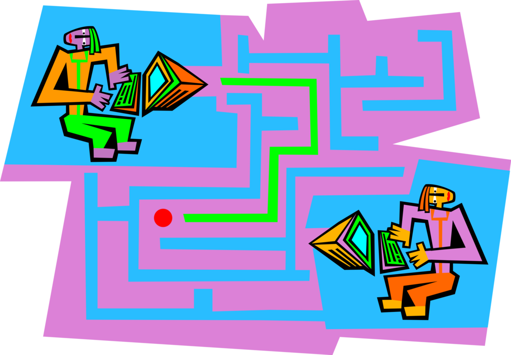 Vector Illustration of School Classroom Education Maze Labyrinth with Walls and Passageways with Computers