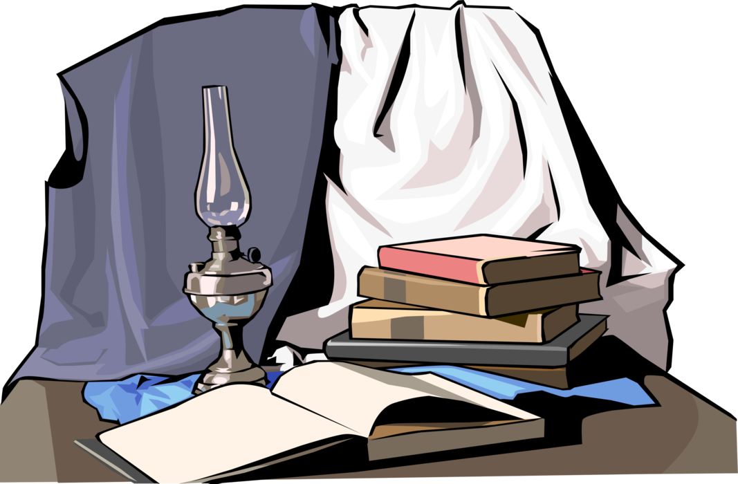 Vector Illustration of Kerosene Oil Lamp Hurricane Lantern with Books 
