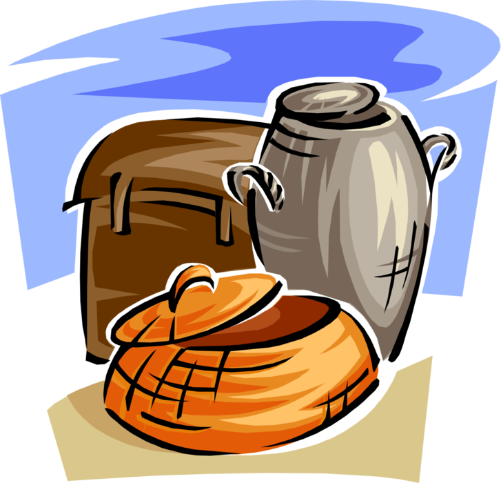 Vector Illustration of Wicker Basket and Sturdy Box, Chest or Storage Trunk Containers
