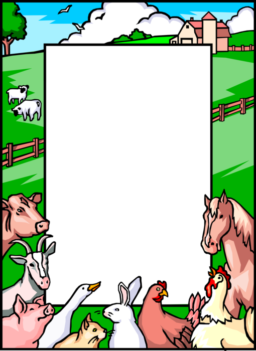 Vector Illustration of Domestic Farm Frame with Barnyard Animals, Pasture and Barn