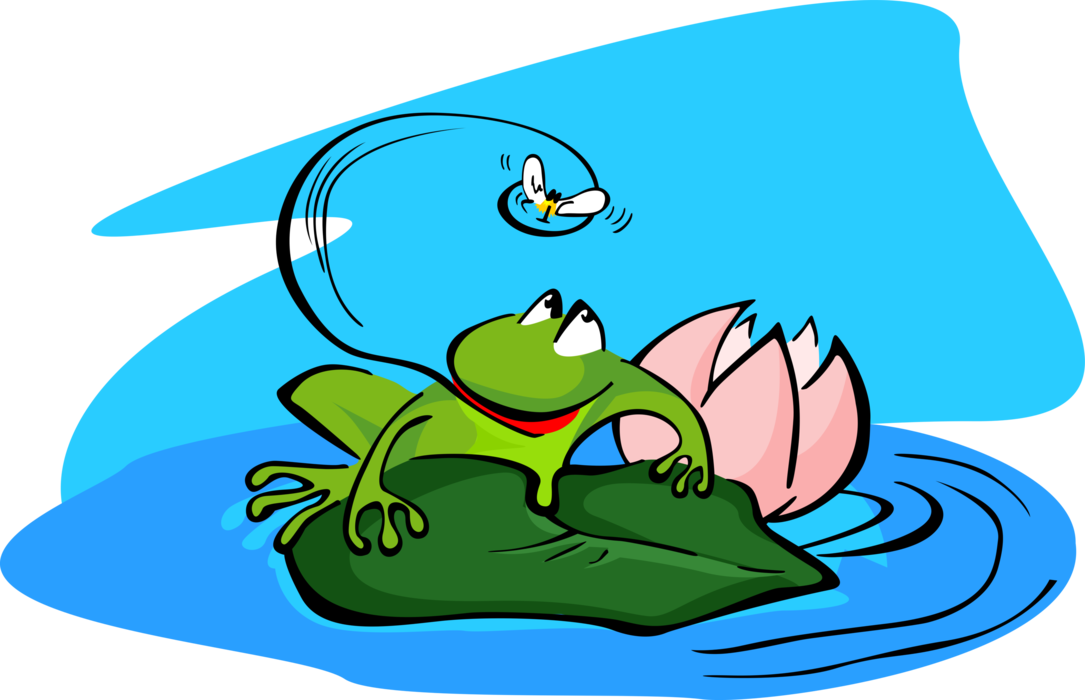 Vector Illustration of Amphibian Frog Portrayed as Benign, Ugly, and Clumsy Sits on Lily Pad Catches Insect